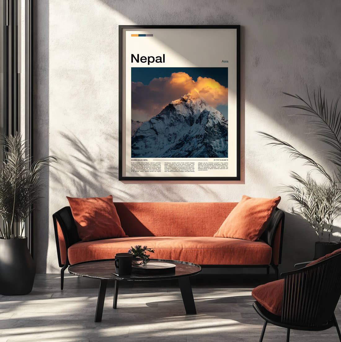 Nepal Snow Capped Peak Travel Print framed on the wall of a modern living room