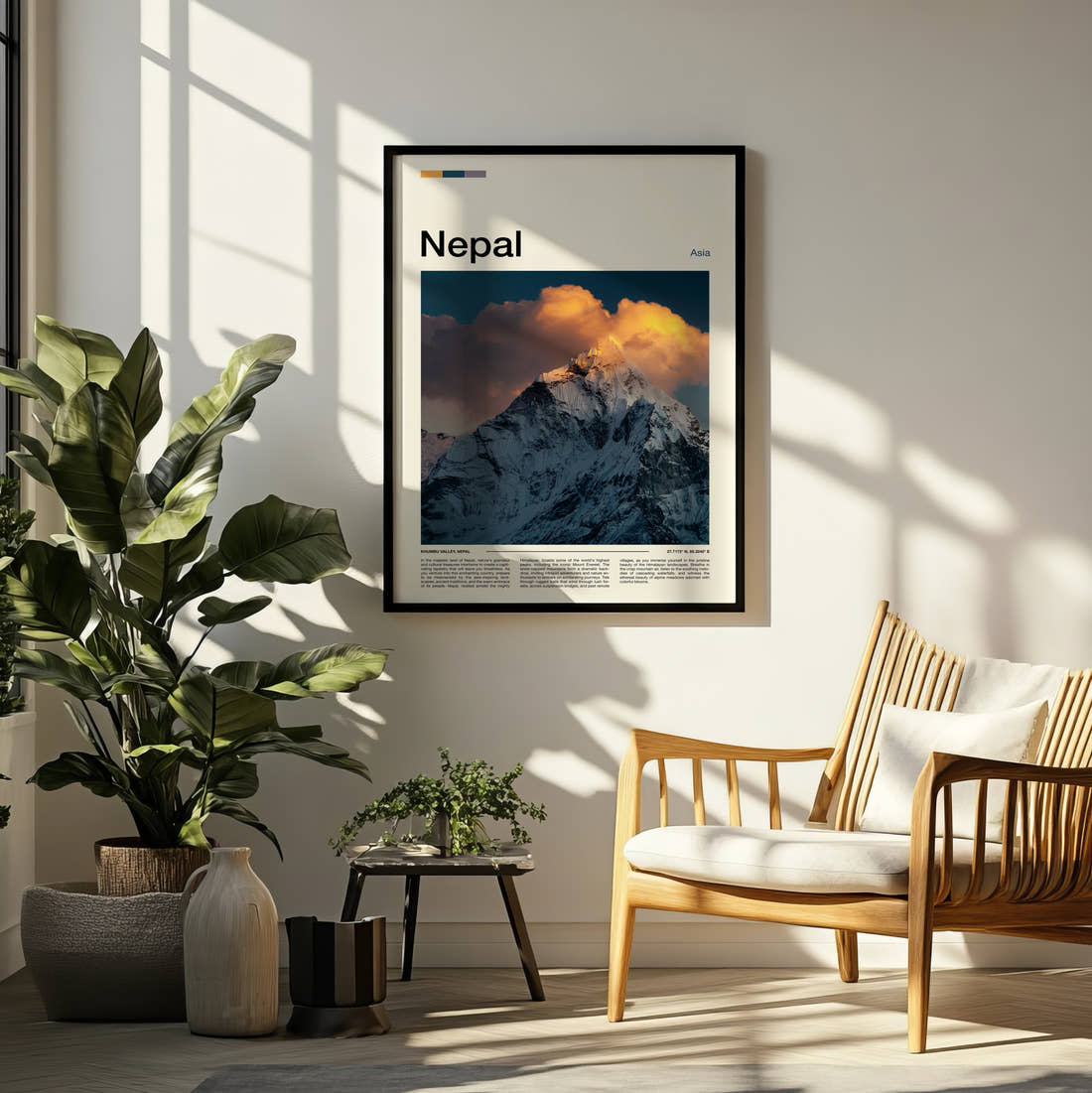Nepal Snow Capped Peak Travel Print framed on a pale wall beside houseplants
