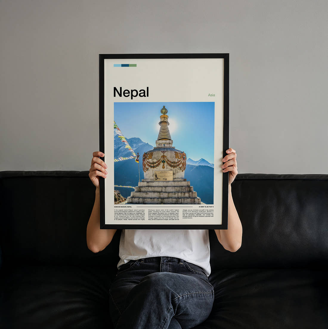 Nepal Golden Spired Stupa Travel Print held up by hand to show the size of the print