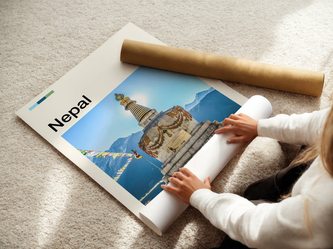 Nepal Golden Spired Stupa Travel Print being unrolled from its postal tube
