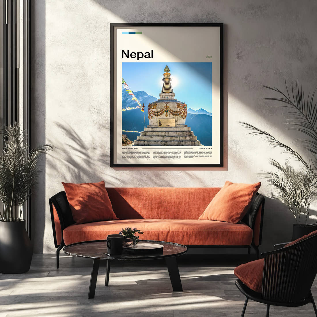 Nepal Golden Spired Stupa Travel Print framed on the wall of a modern living room