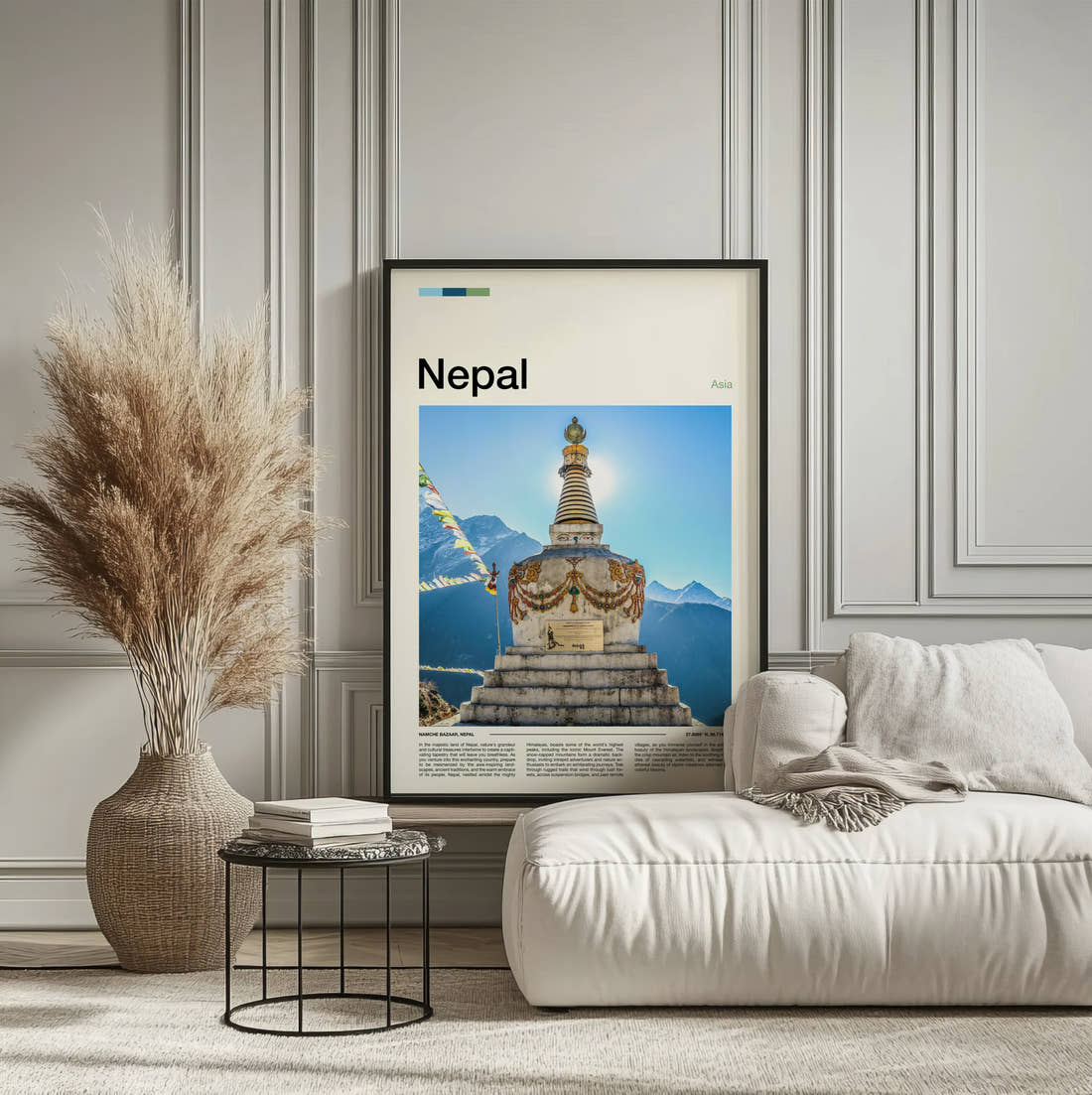 Nepal Golden Spired Stupa Travel Print framed on the wall of a calm, neutral bedroom