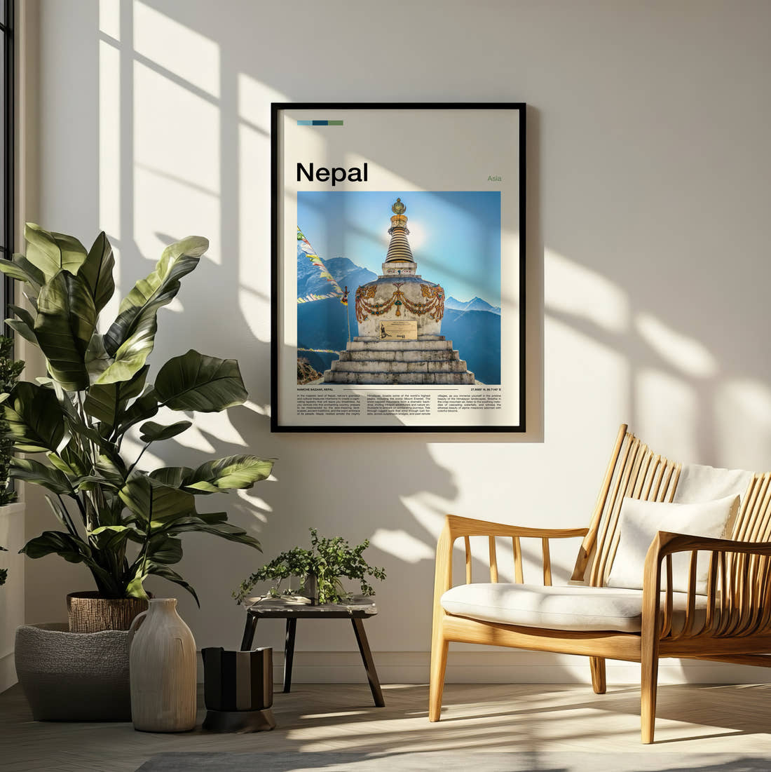 Nepal Golden Spired Stupa Travel Print framed on a pale wall beside houseplants