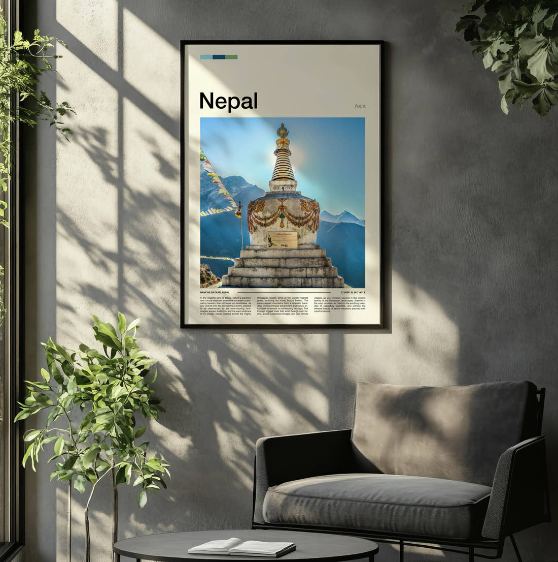 Nepal Golden Spired Stupa Travel Print framed on the wall of a relaxed living room