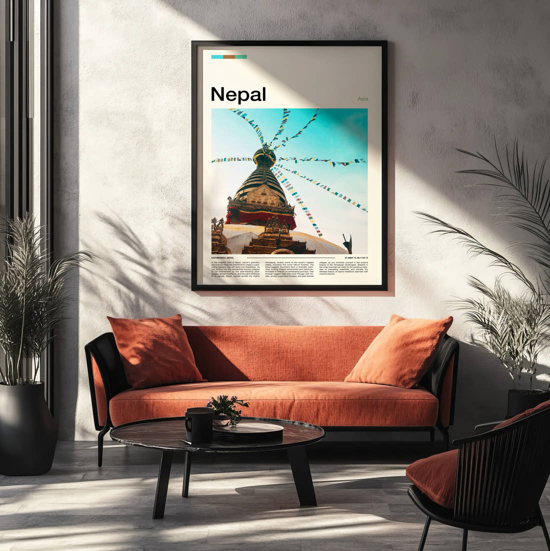Nepal Stupa With Prayer Flags Travel Print framed on the wall of a modern living room