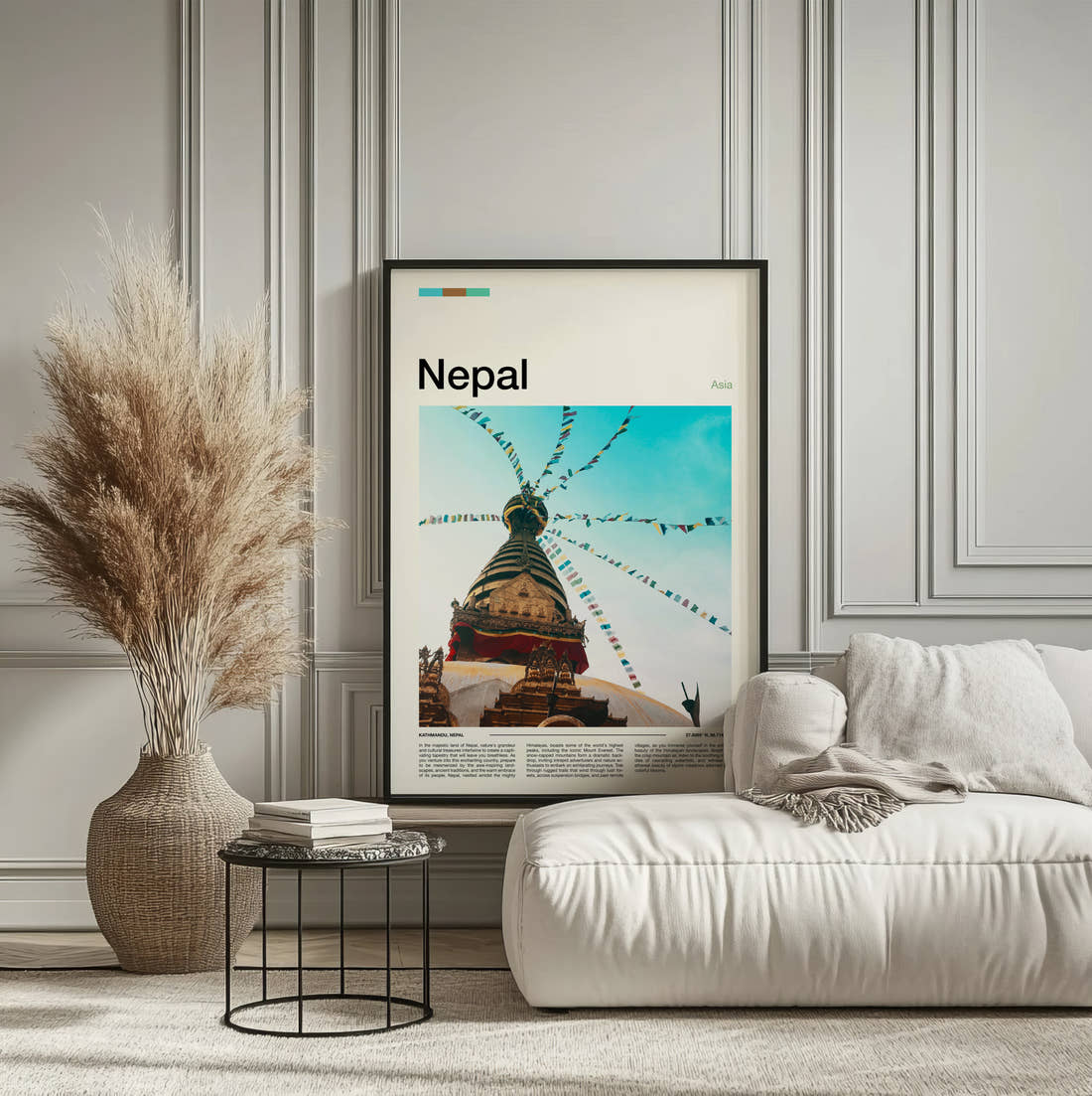 Nepal Stupa With Prayer Flags Travel Print framed on the wall of a calm, neutral bedroom