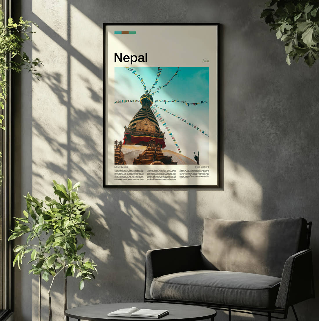 Nepal Stupa With Prayer Flags Travel Print framed on the wall of a relaxed living room