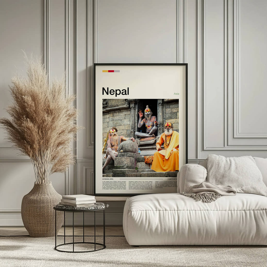 Nepal Sadhus On Temple Steps Travel Print framed on the wall of a calm, neutral bedroom