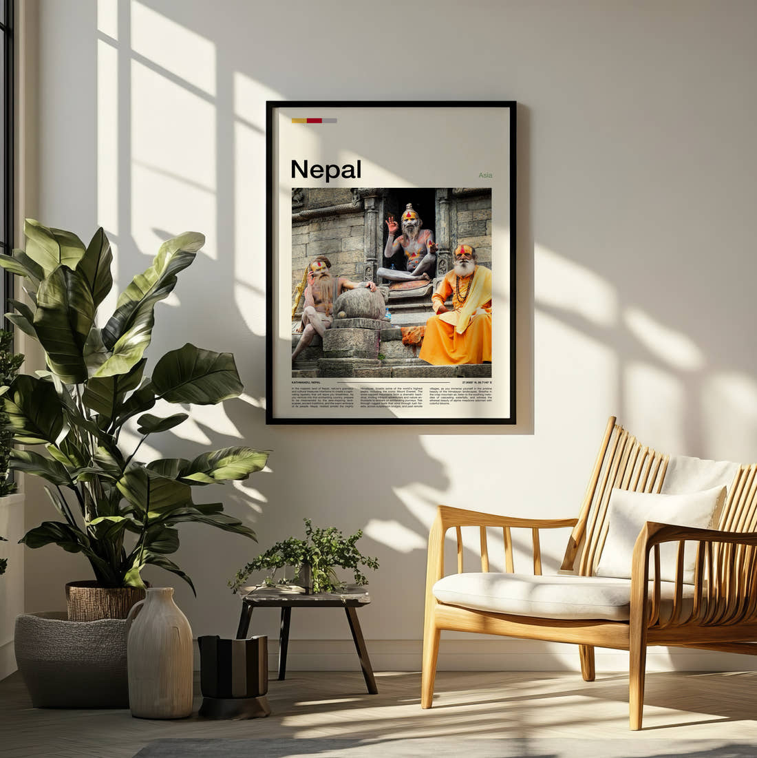 Nepal Sadhus On Temple Steps Travel Print framed on a pale wall beside houseplants