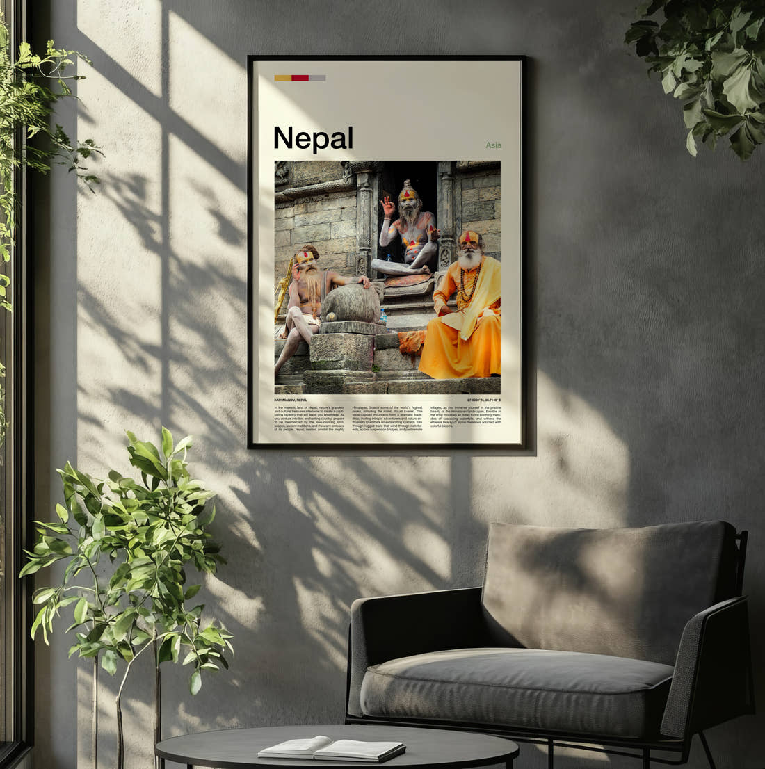 Nepal Sadhus On Temple Steps Travel Print framed on the wall of a relaxed living room