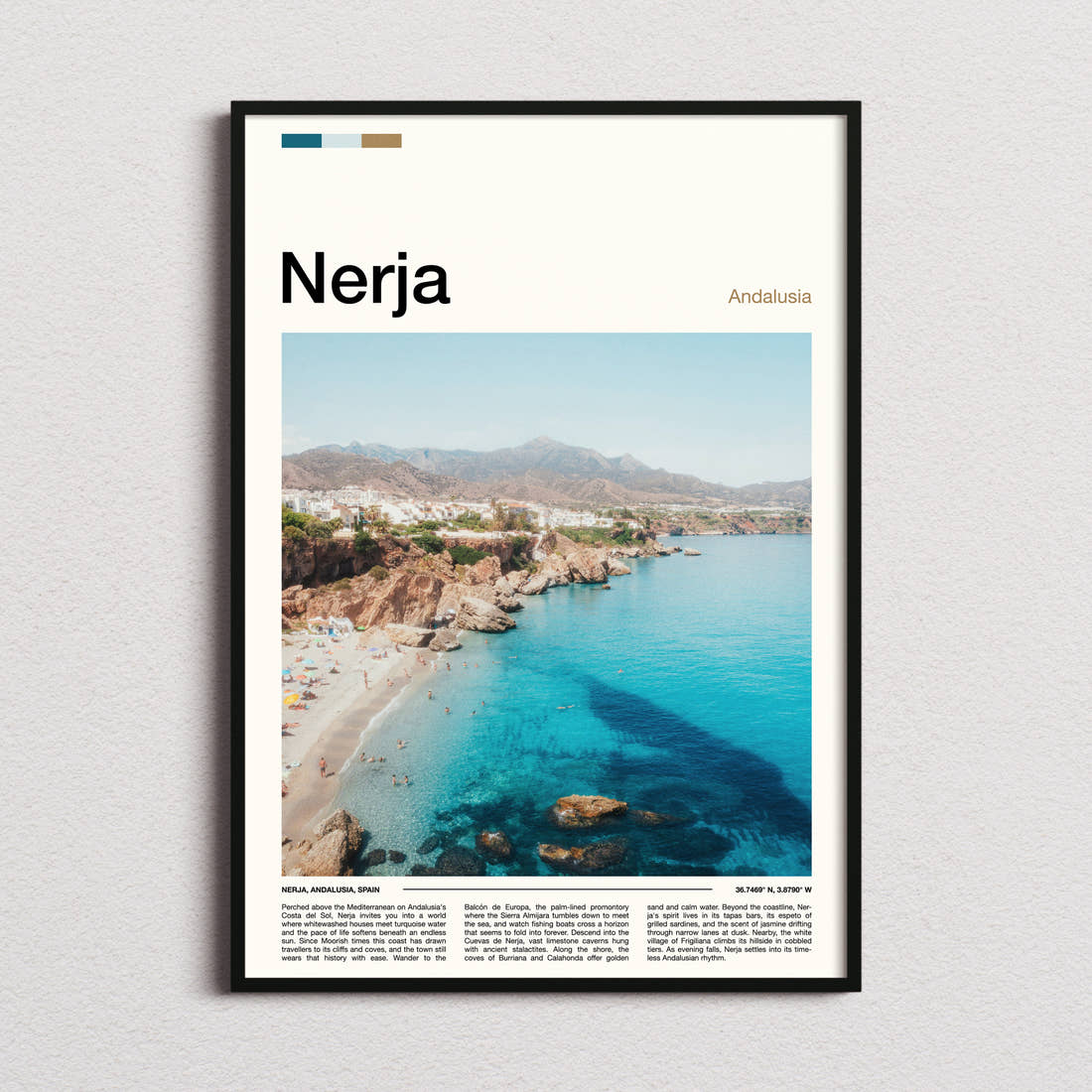 Nerja Aerial Coastal View Travel Print framed and photographed straight on