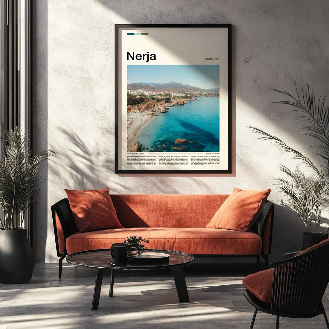 Nerja Aerial Coastal View Travel Print framed on the wall of a modern living room