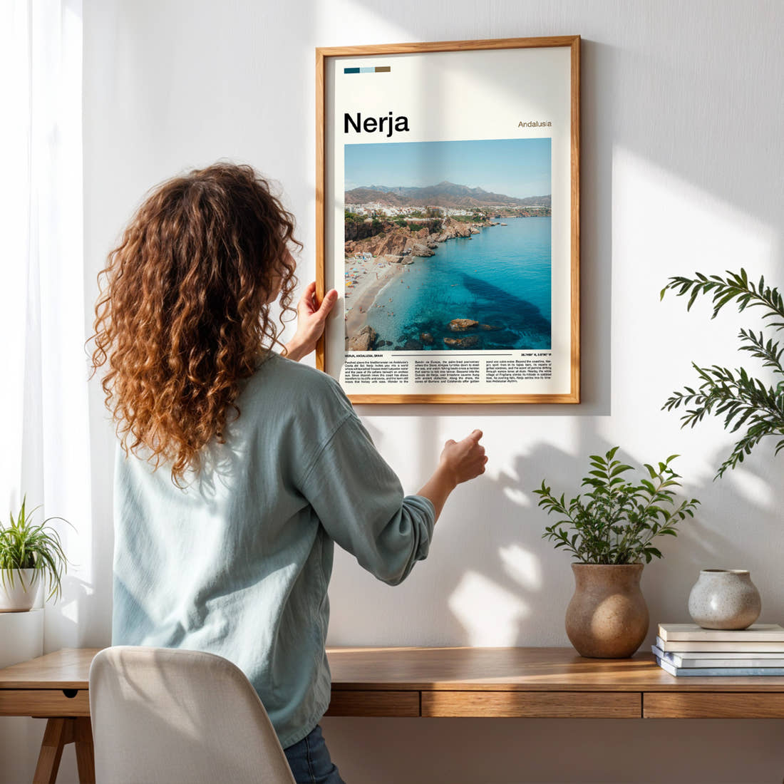 Nerja Aerial Coastal View Travel Print framed on a pale wall beside houseplants
