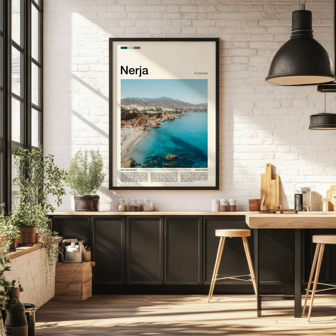 Nerja Aerial Coastal View Travel Print framed on the wall of a bright kitchen and dining space