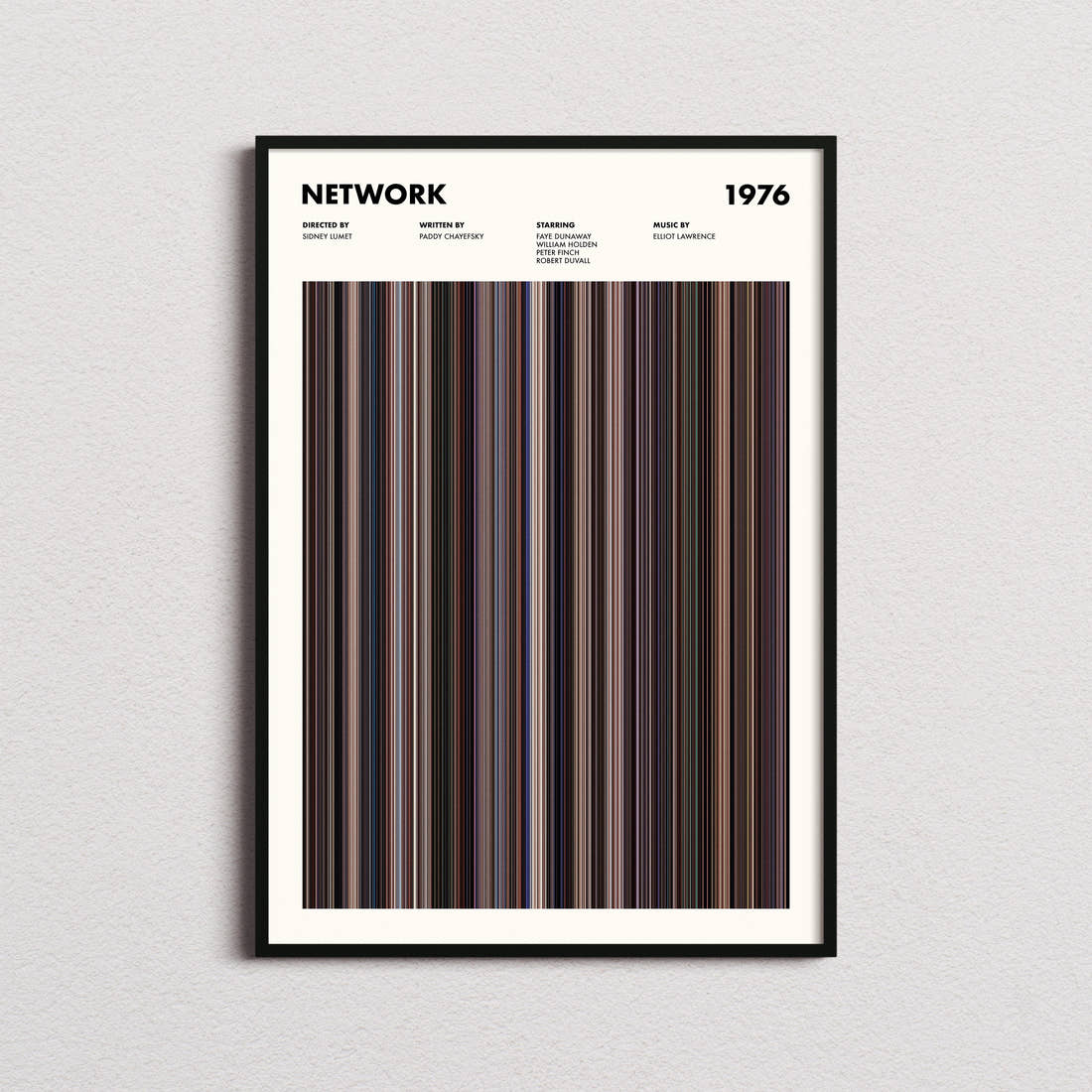 Network Movie Barcode Poster framed on a plain studio wall