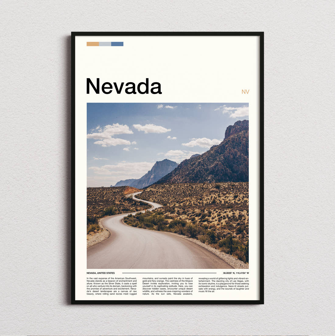 Nevada Winding Desert Road Travel Print framed and photographed straight on