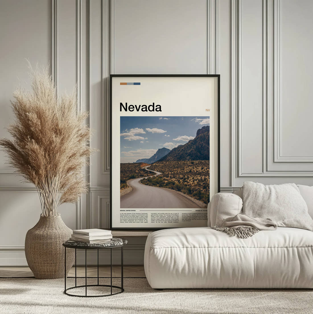 Nevada Winding Desert Road Travel Print framed on the wall of a calm, neutral bedroom