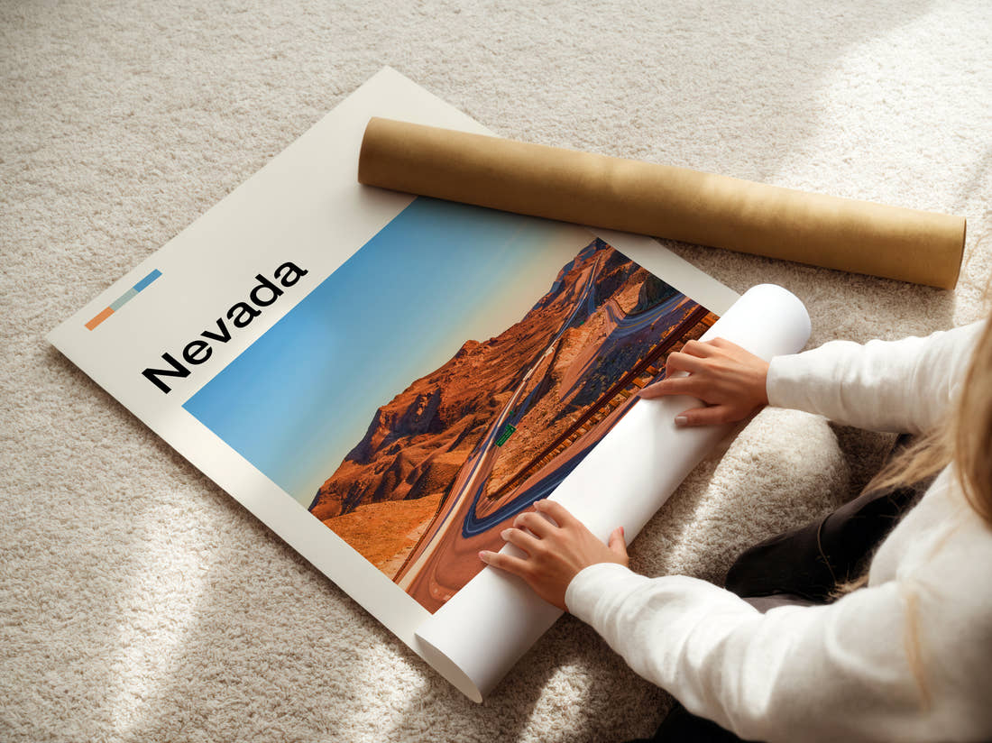 Nevada Road Through Red Rocks Travel Print being unrolled from its postal tube