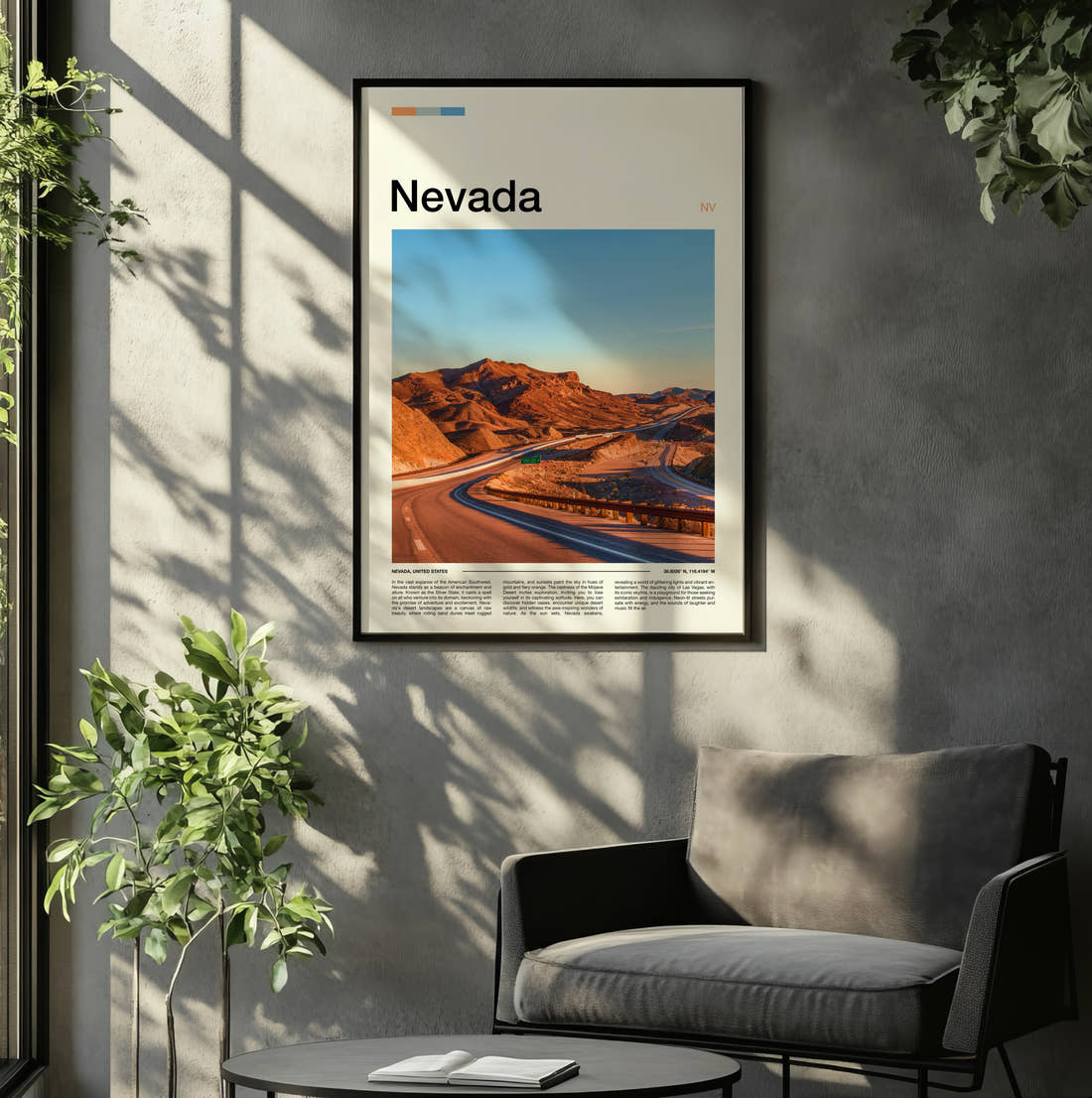 Nevada Road Through Red Rocks Travel Print framed on the wall of a relaxed living room