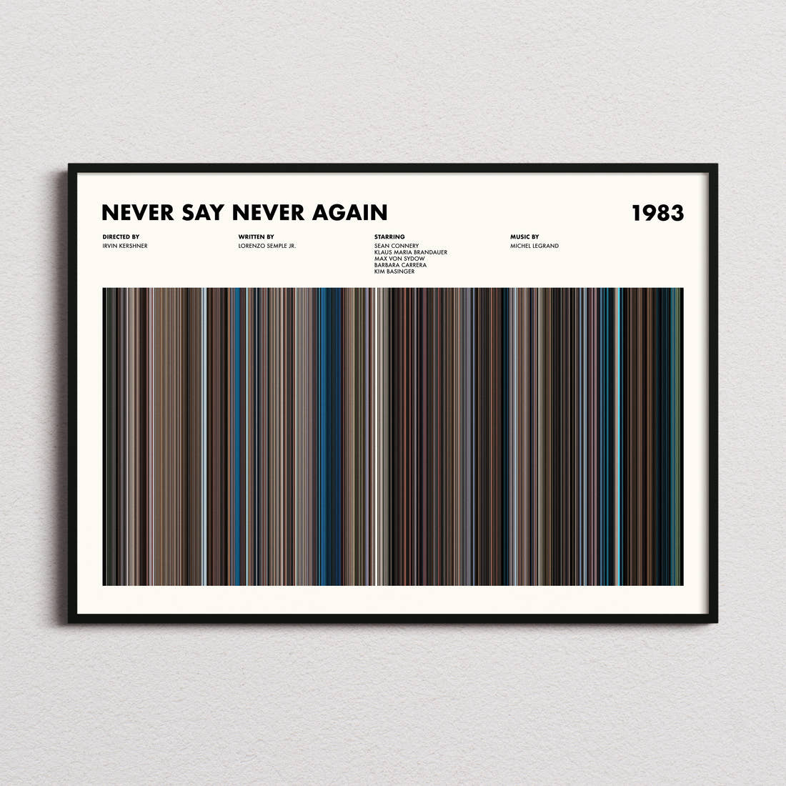Never Say Never Again Movie Barcode Poster framed and photographed straight on