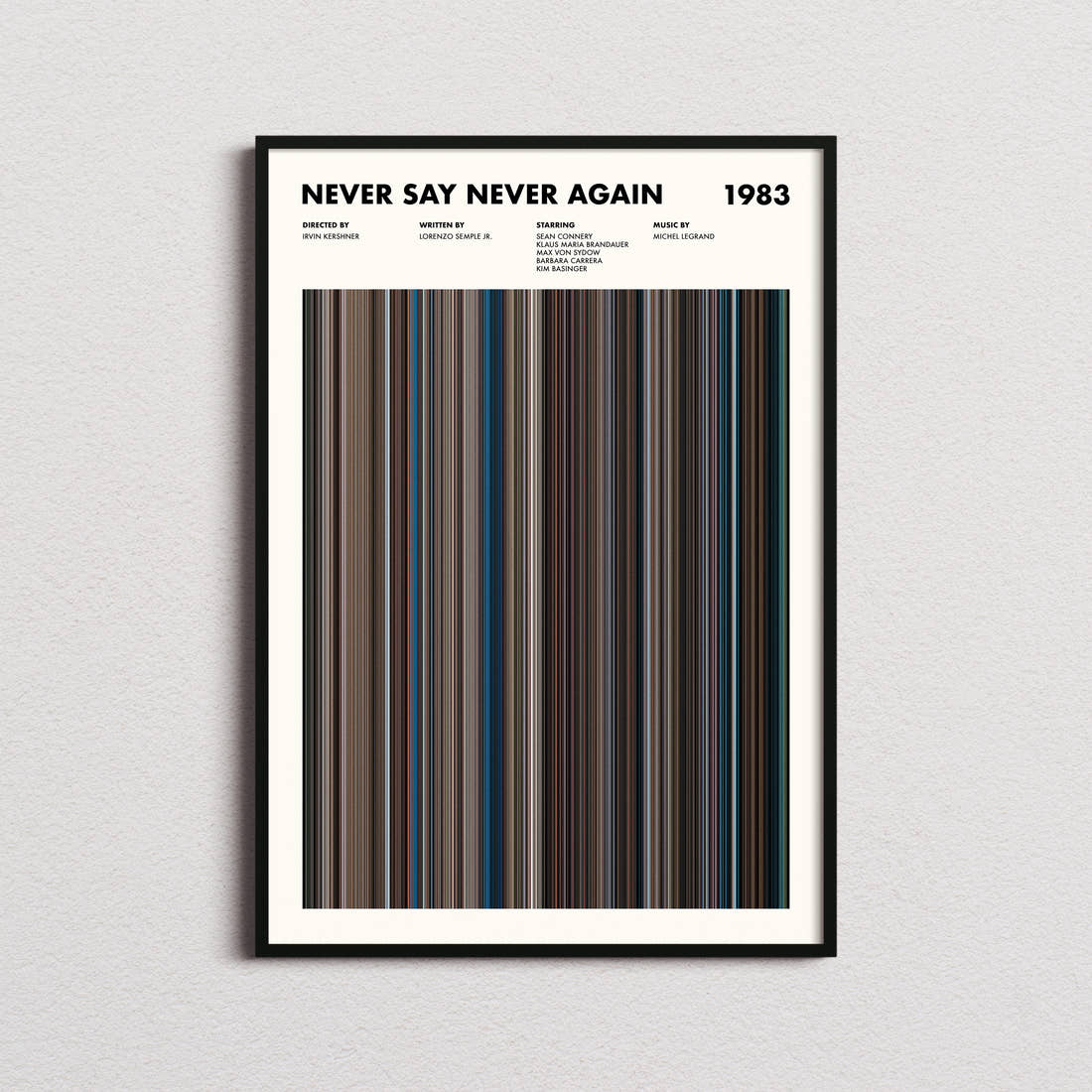 Never Say Never Again Movie Barcode Poster framed on a plain studio wall