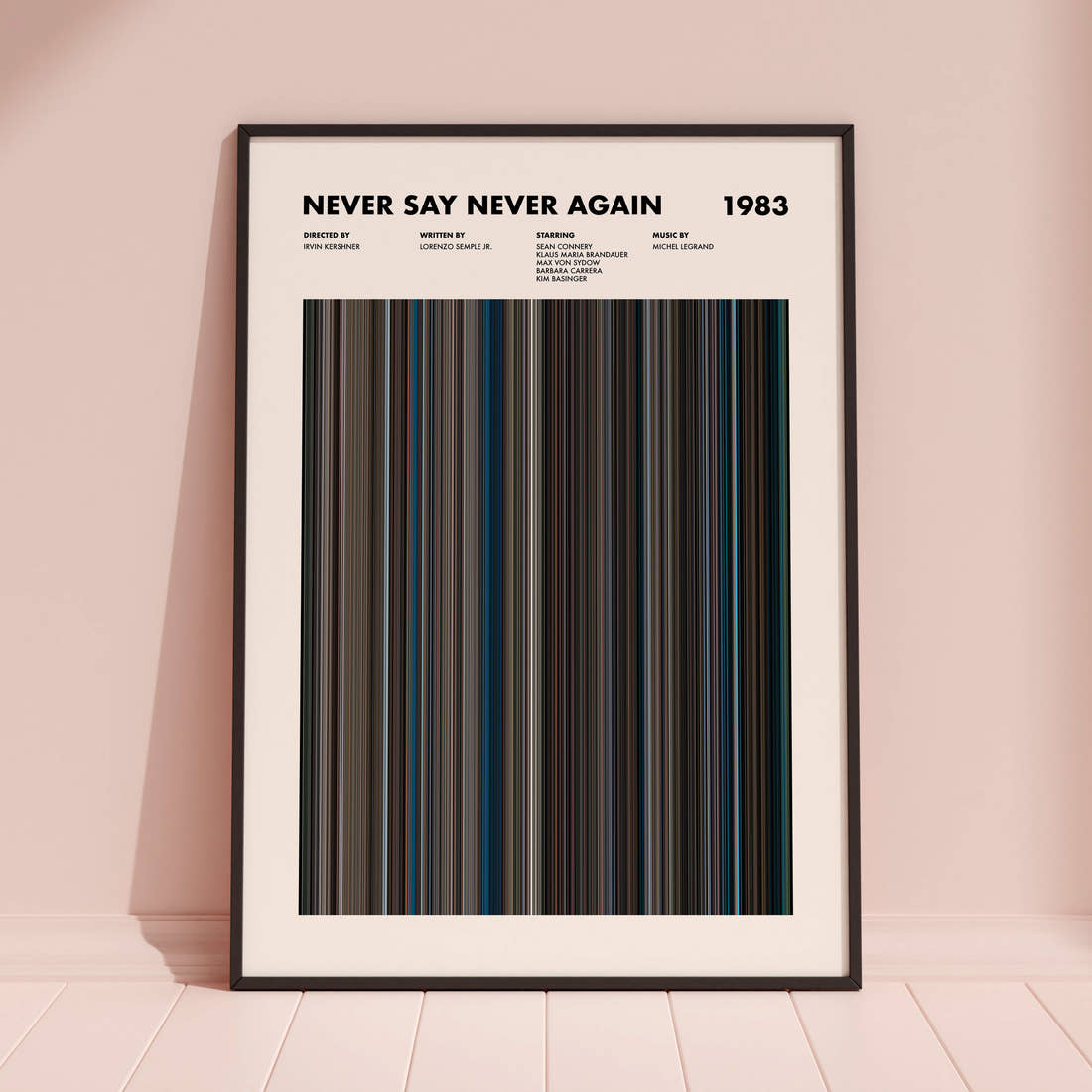 Never Say Never Again Movie Barcode Poster framed and leaning against a coloured wall