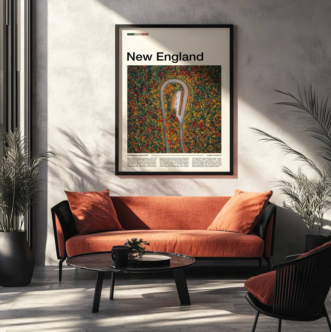 New England Hairpin Road Through Autumn Forest Travel Print framed on the wall of a modern living room