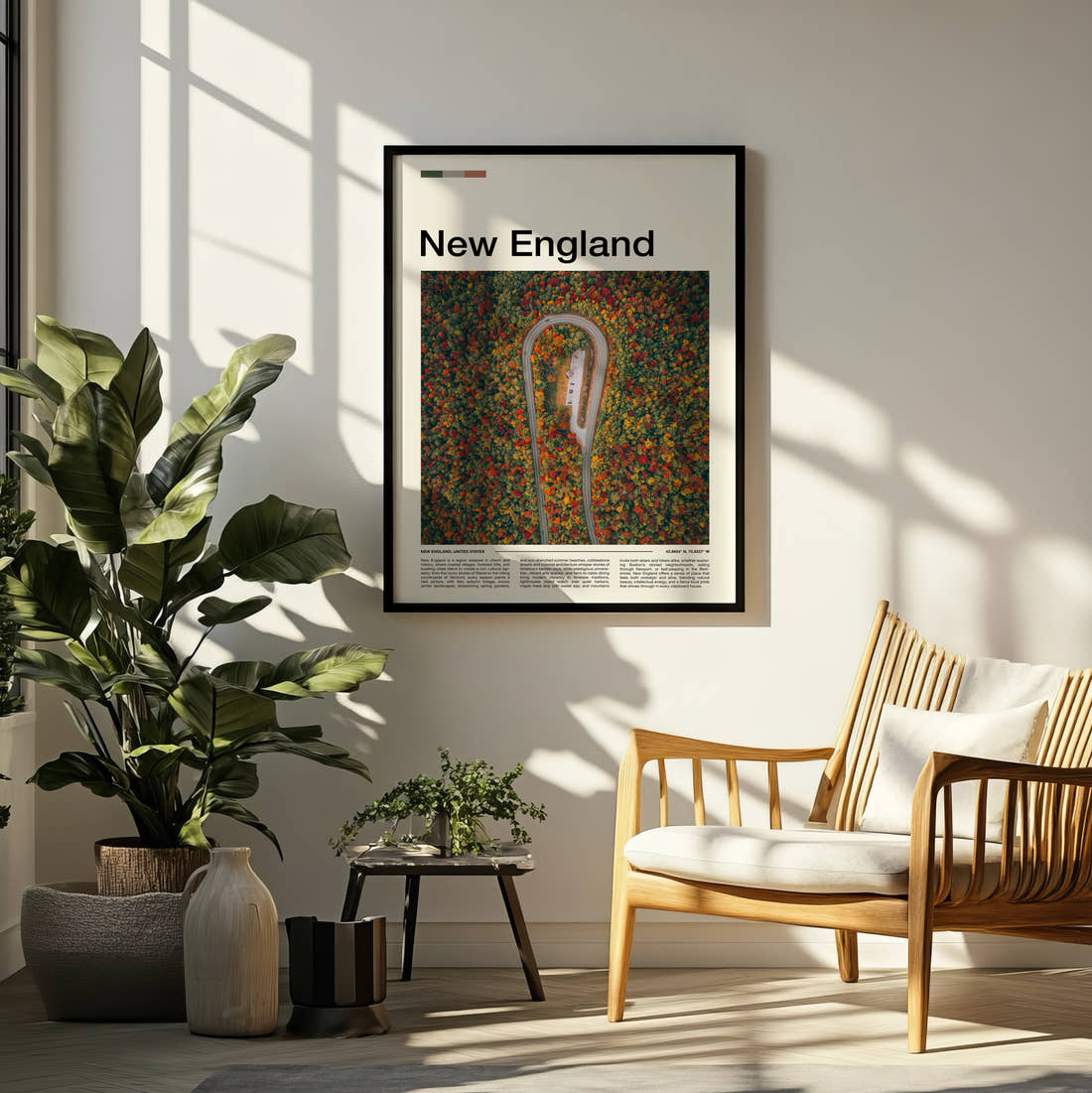 New England Hairpin Road Through Autumn Forest Travel Print framed on a pale wall beside houseplants