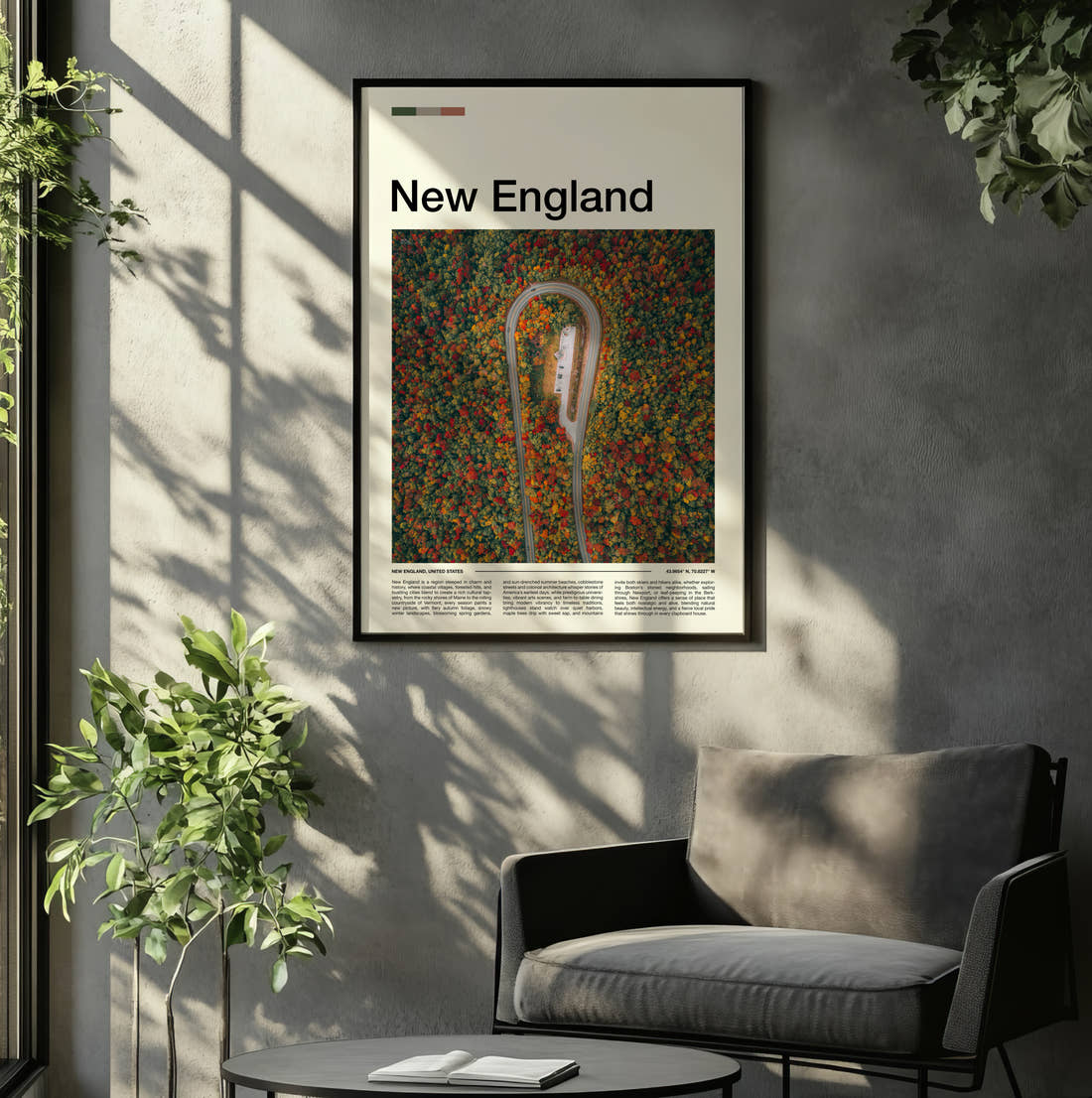New England Hairpin Road Through Autumn Forest Travel Print framed on the wall of a relaxed living room