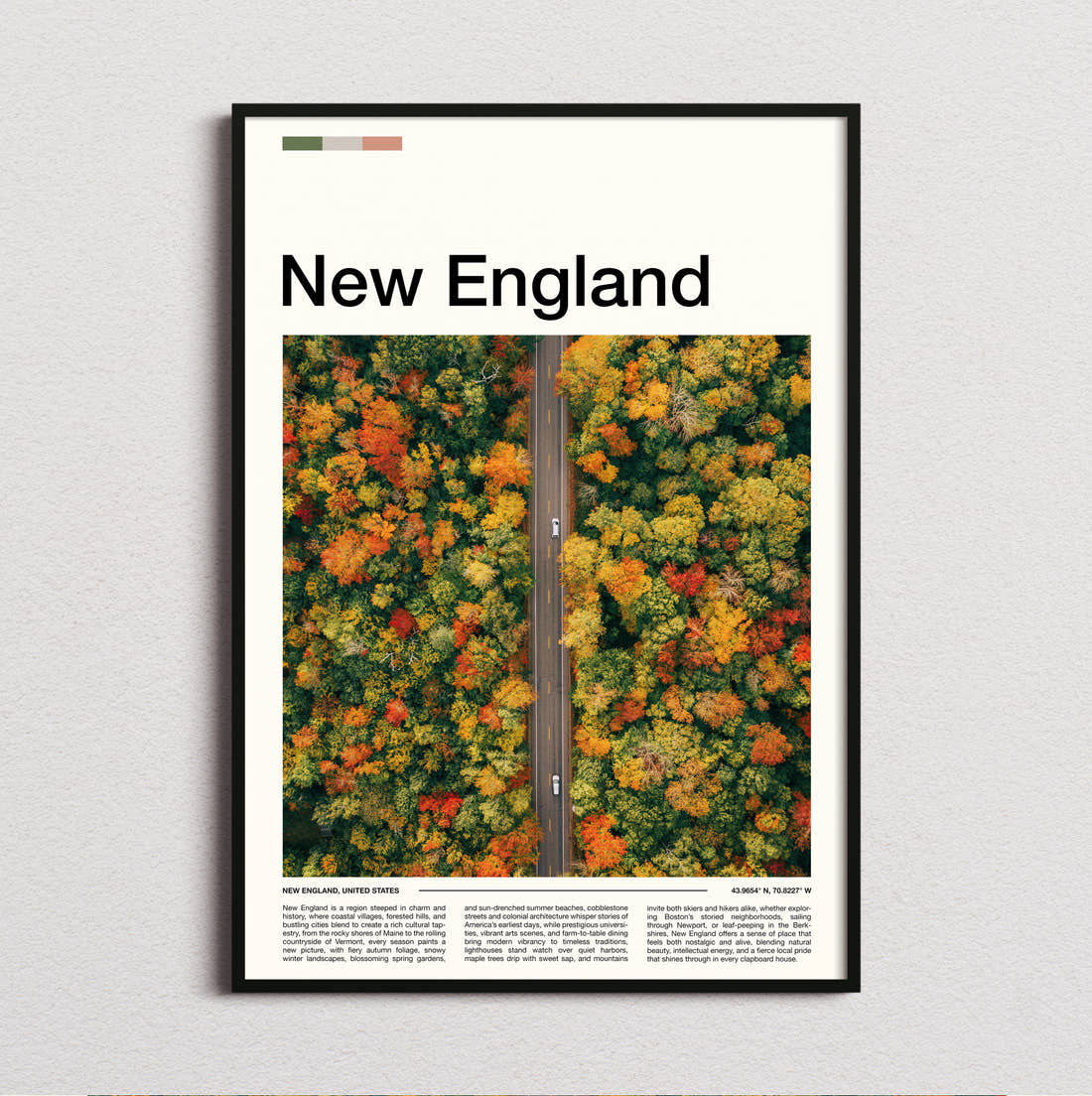 New England Road Through Autumn Trees Travel Print framed and photographed straight on