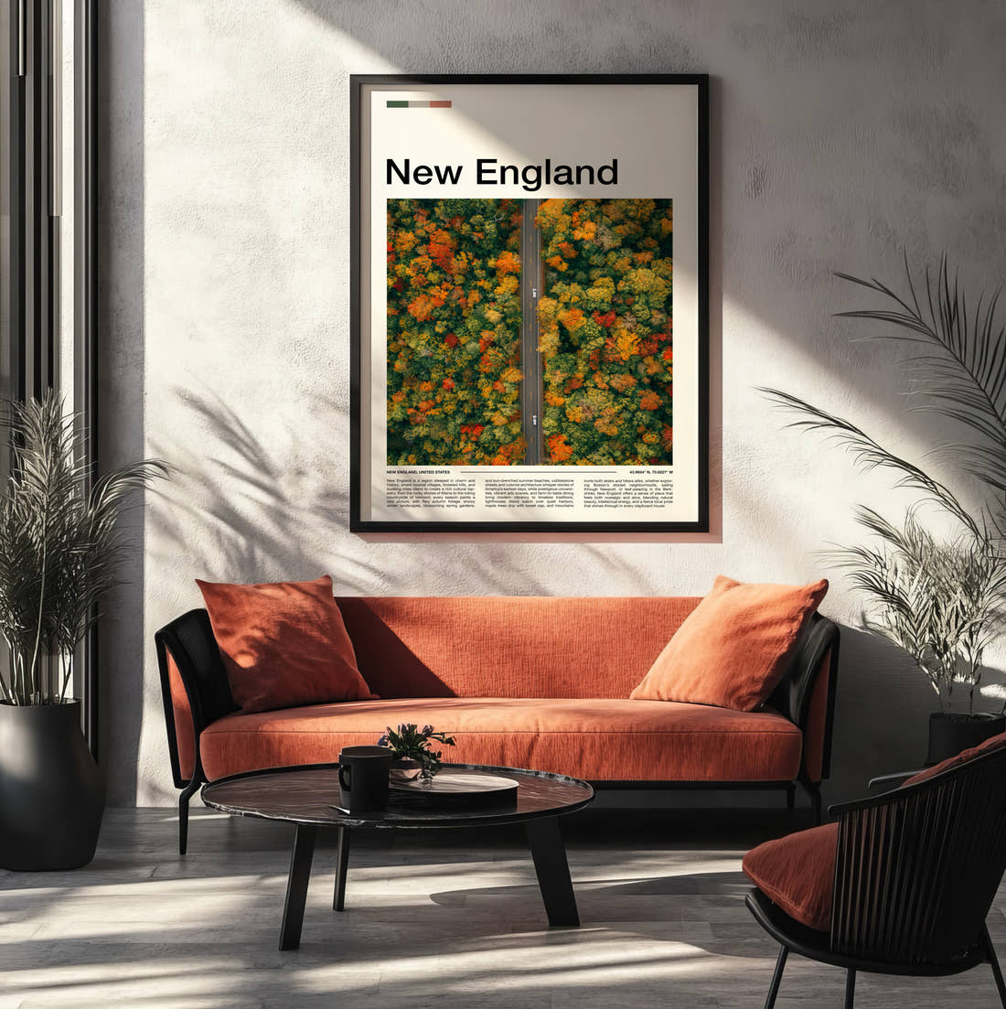 New England Road Through Autumn Trees Travel Print framed on the wall of a modern living room