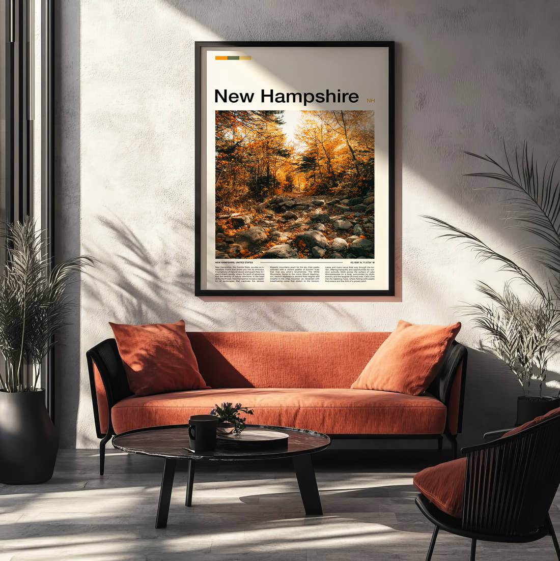 New Hampshire Autumn Woodland Trail Travel Print framed on the wall of a modern living room
