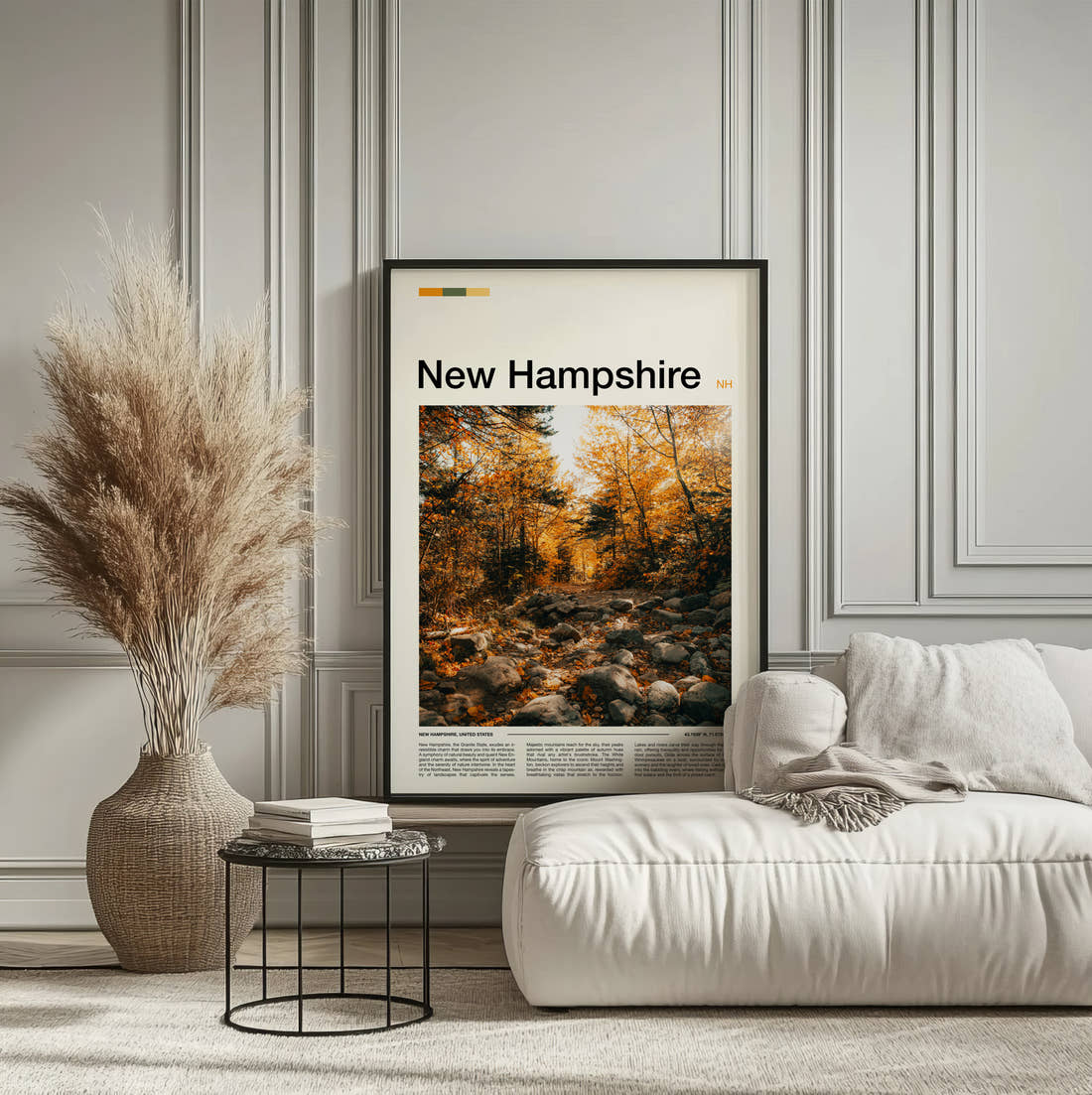 New Hampshire Autumn Woodland Trail Travel Print framed on the wall of a calm, neutral bedroom