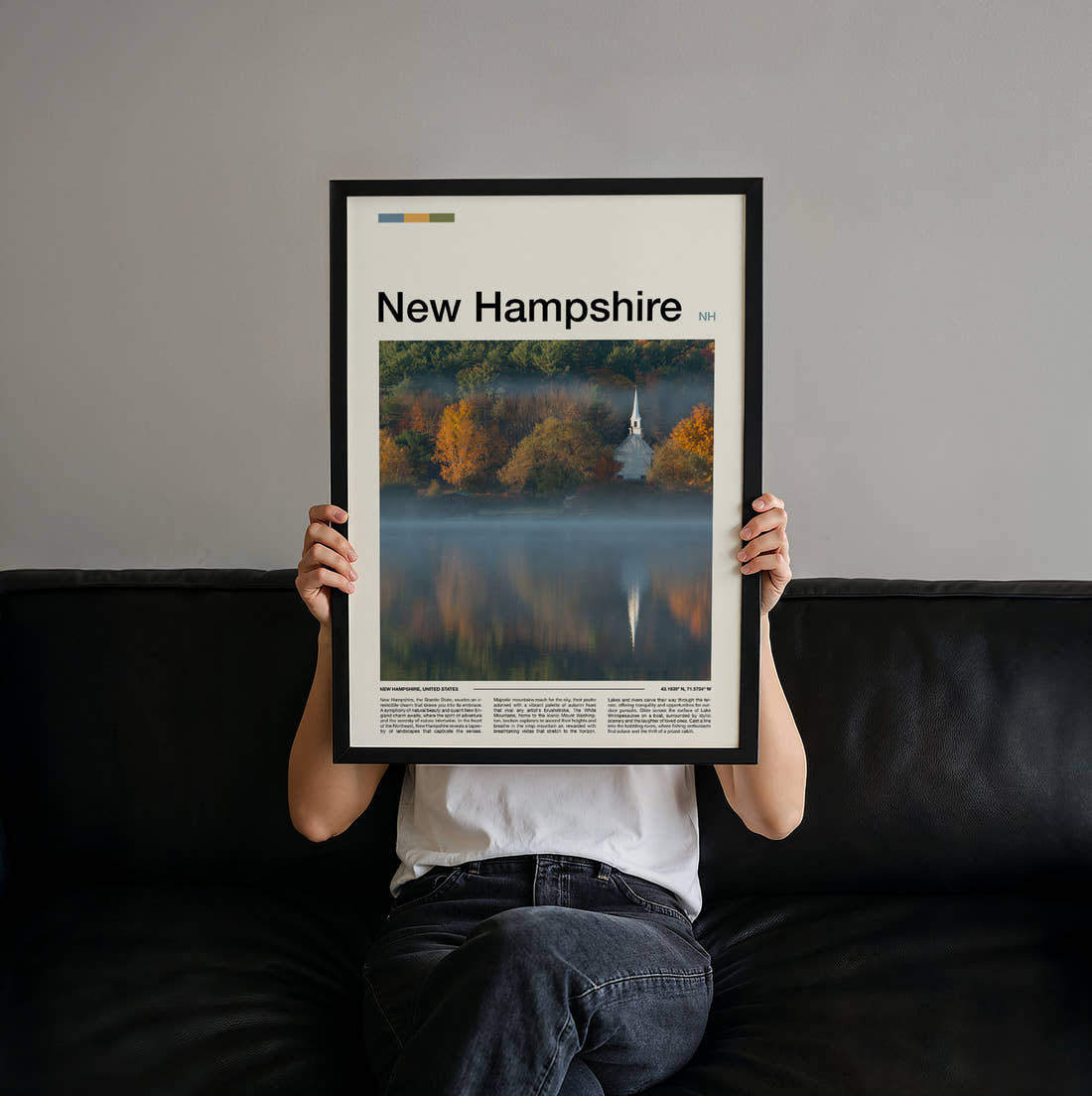 New Hampshire Church Reflected In Lake Travel Print held up by hand to show the size of the print