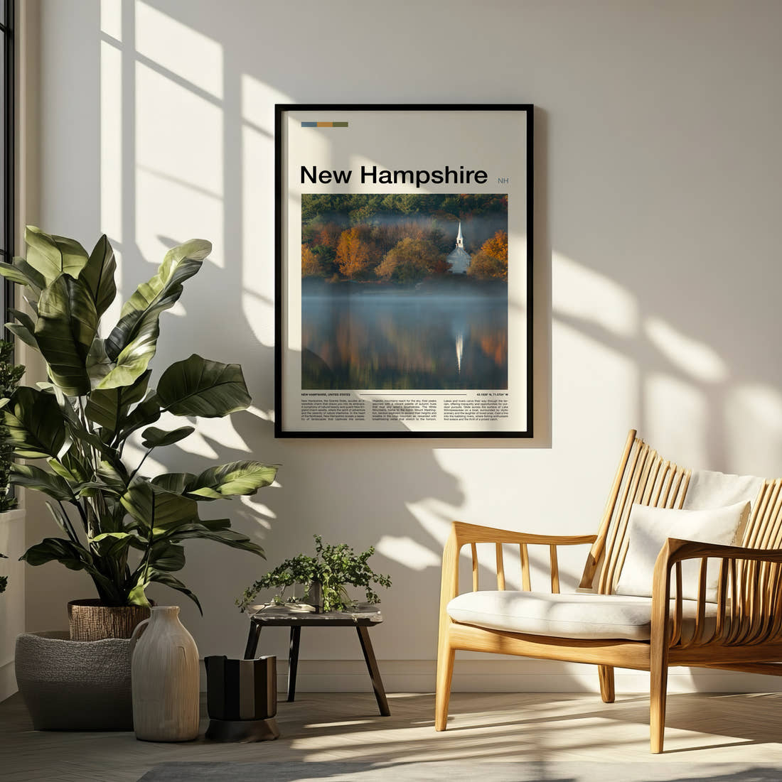 New Hampshire Church Reflected In Lake Travel Print framed on a pale wall beside houseplants