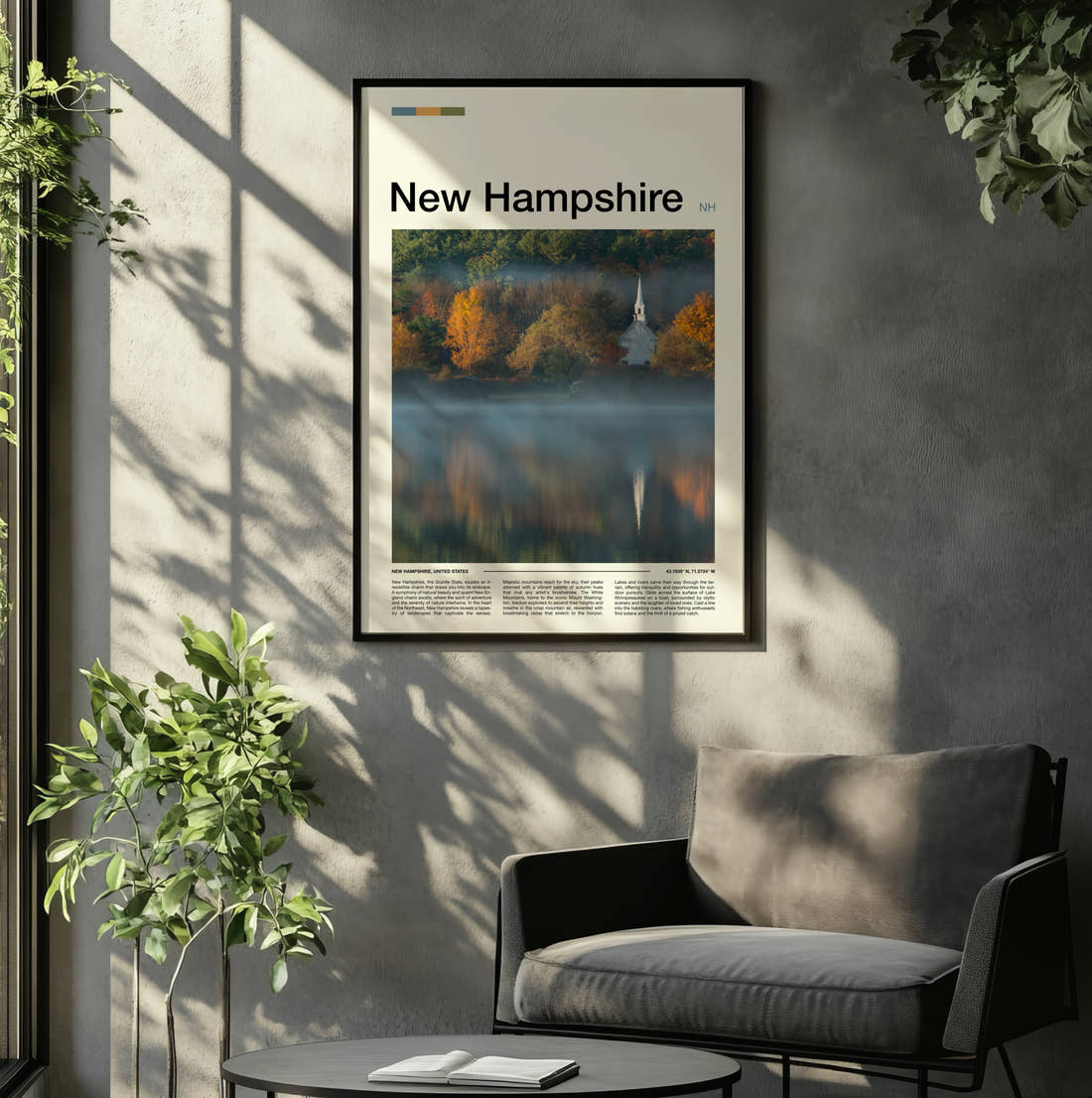 New Hampshire Church Reflected In Lake Travel Print framed on the wall of a relaxed living room