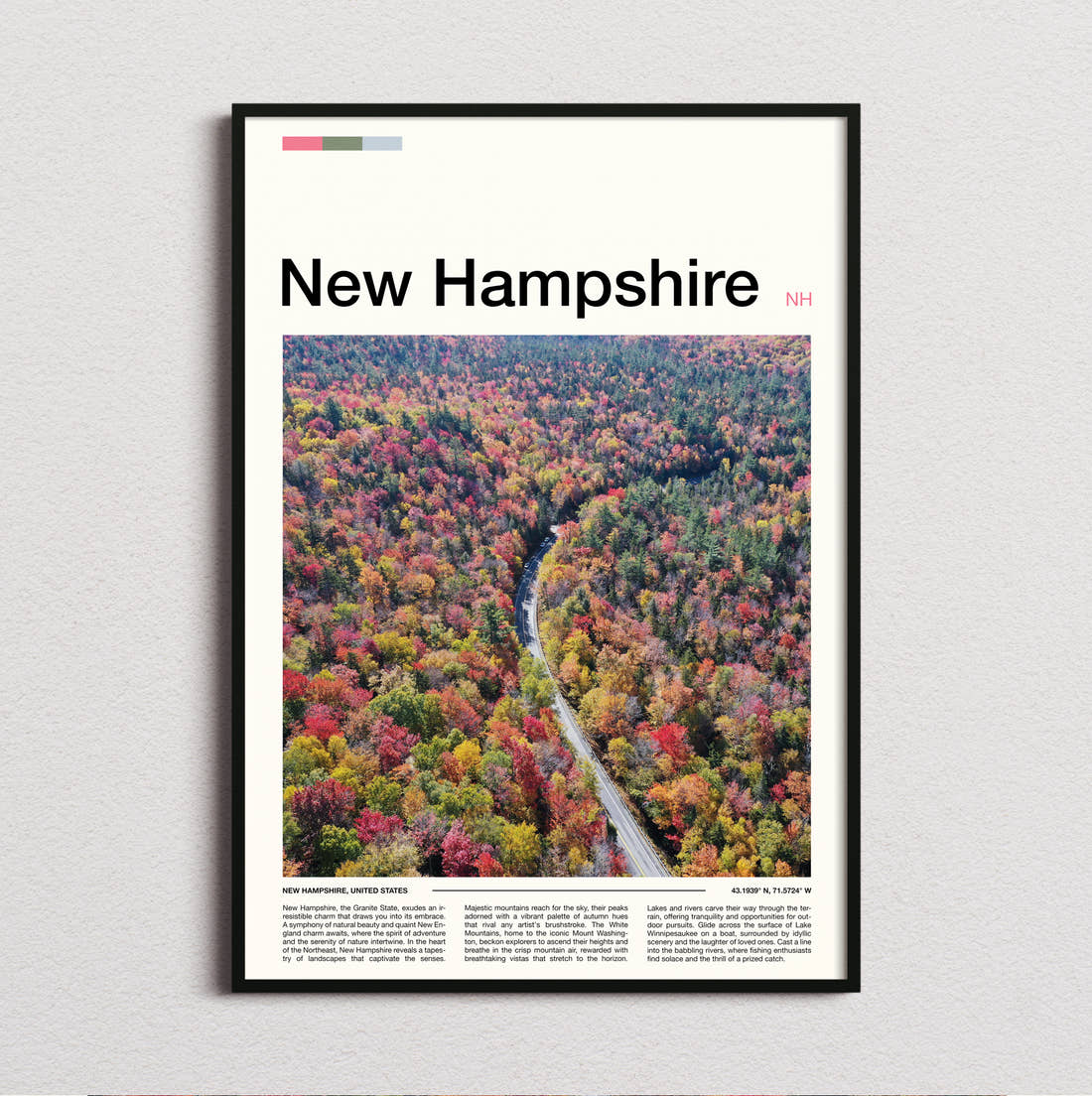 New Hampshire Road Through Autumn Forest Travel Print framed and photographed straight on