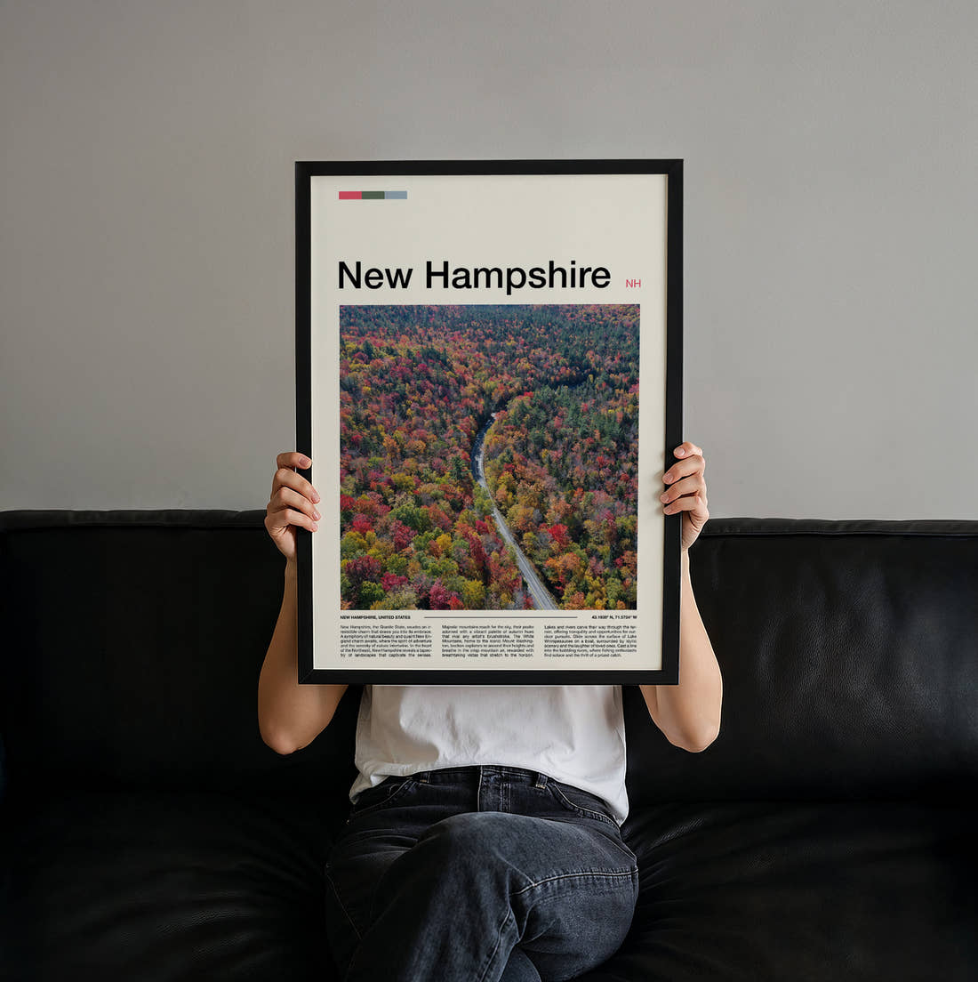 New Hampshire Road Through Autumn Forest Travel Print held up by hand to show the size of the print