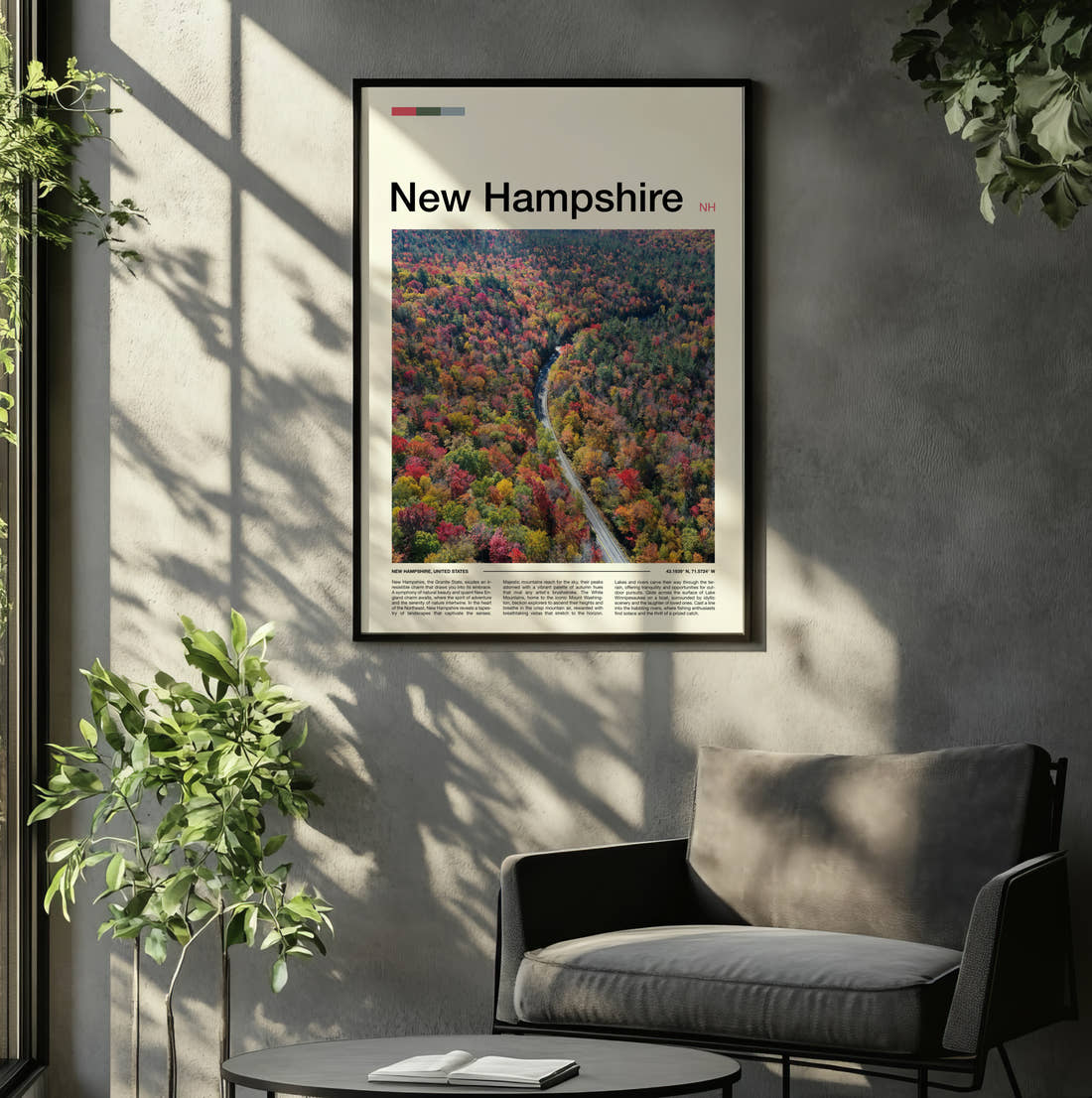 New Hampshire Road Through Autumn Forest Travel Print framed on the wall of a relaxed living room