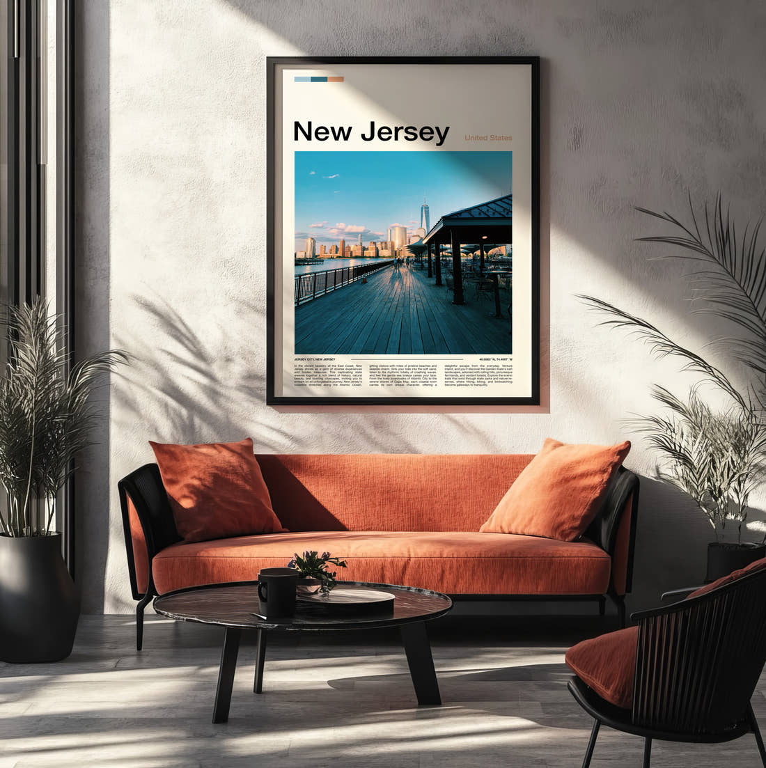 New Jersey Boardwalk And City Skyline Travel Print framed on the wall of a modern living room
