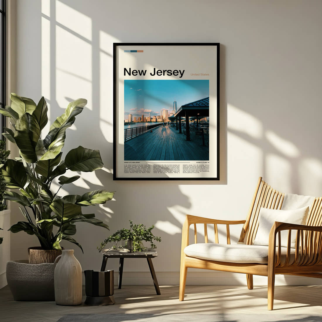 New Jersey Boardwalk And City Skyline Travel Print framed on a pale wall beside houseplants