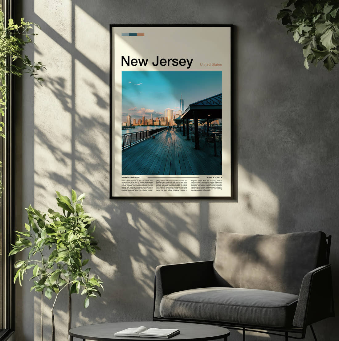 New Jersey Boardwalk And City Skyline Travel Print framed on the wall of a relaxed living room