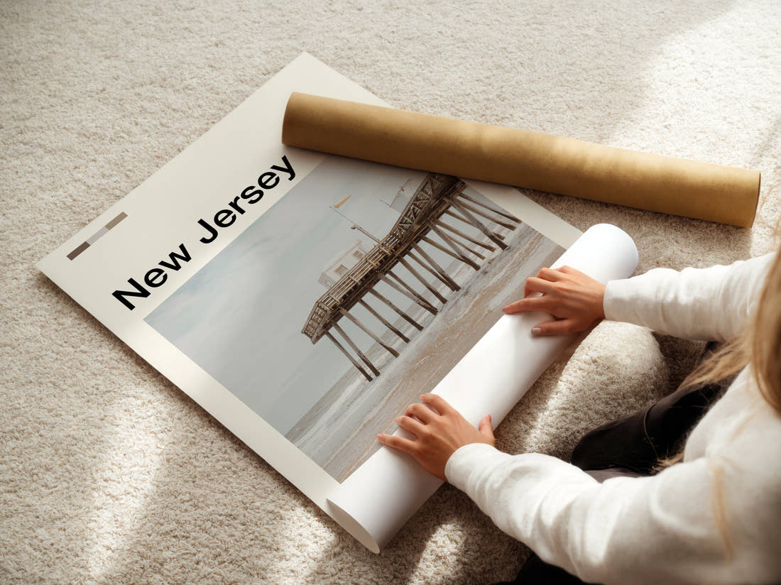 New Jersey Wooden Pier On The Beach Travel Print being unrolled from its postal tube