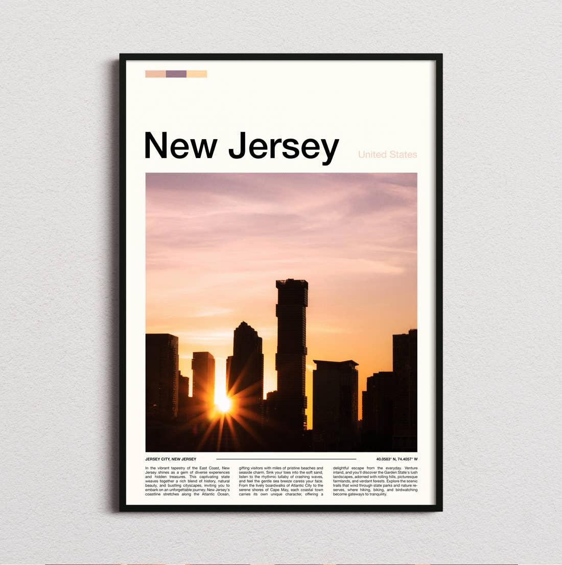New Jersey Sunset Behind City Skyline Travel Print framed and photographed straight on