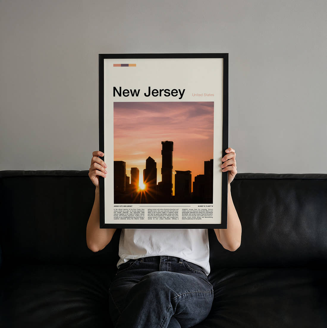 New Jersey Sunset Behind City Skyline Travel Print held up by hand to show the size of the print