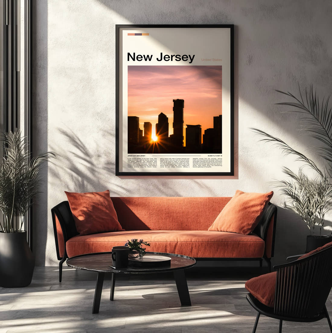 New Jersey Sunset Behind City Skyline Travel Print framed on the wall of a modern living room