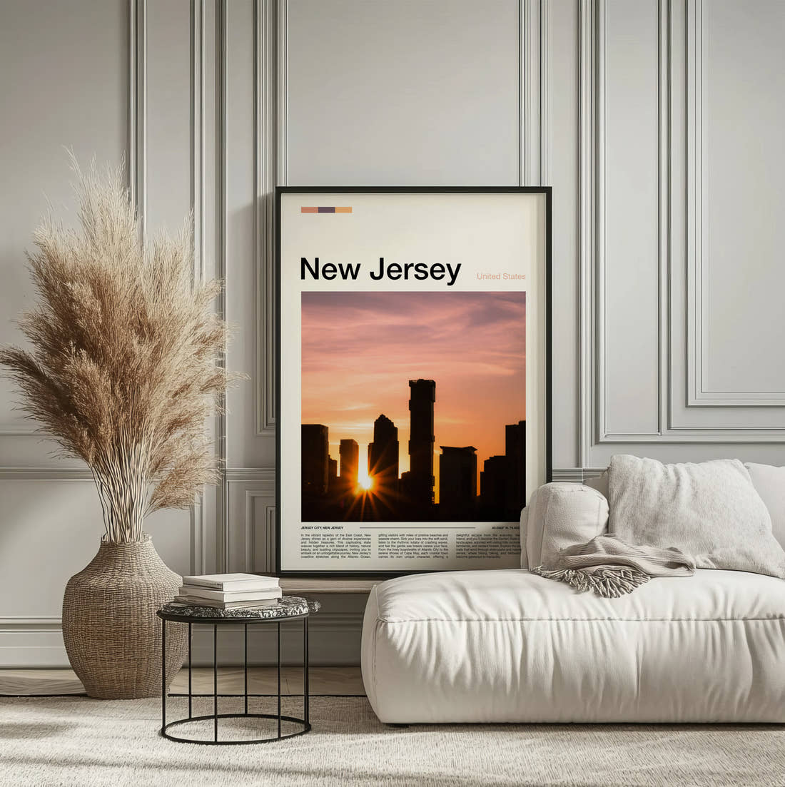 New Jersey Sunset Behind City Skyline Travel Print framed on the wall of a calm, neutral bedroom