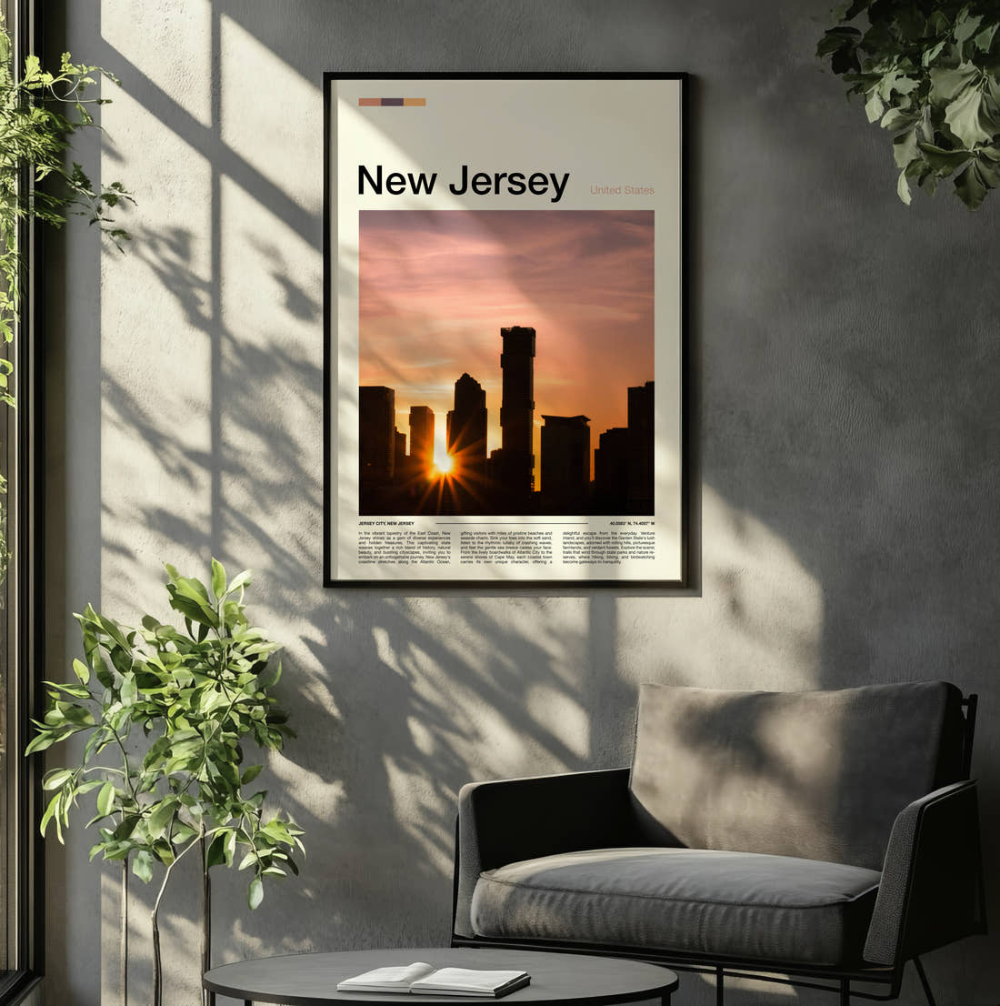 New Jersey Sunset Behind City Skyline Travel Print framed on the wall of a relaxed living room