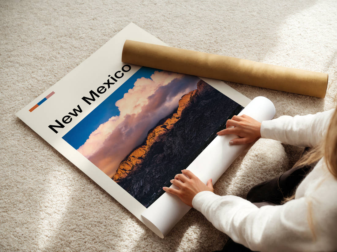 New Mexico Mountain Ridge At Dusk Travel Print being unrolled from its postal tube