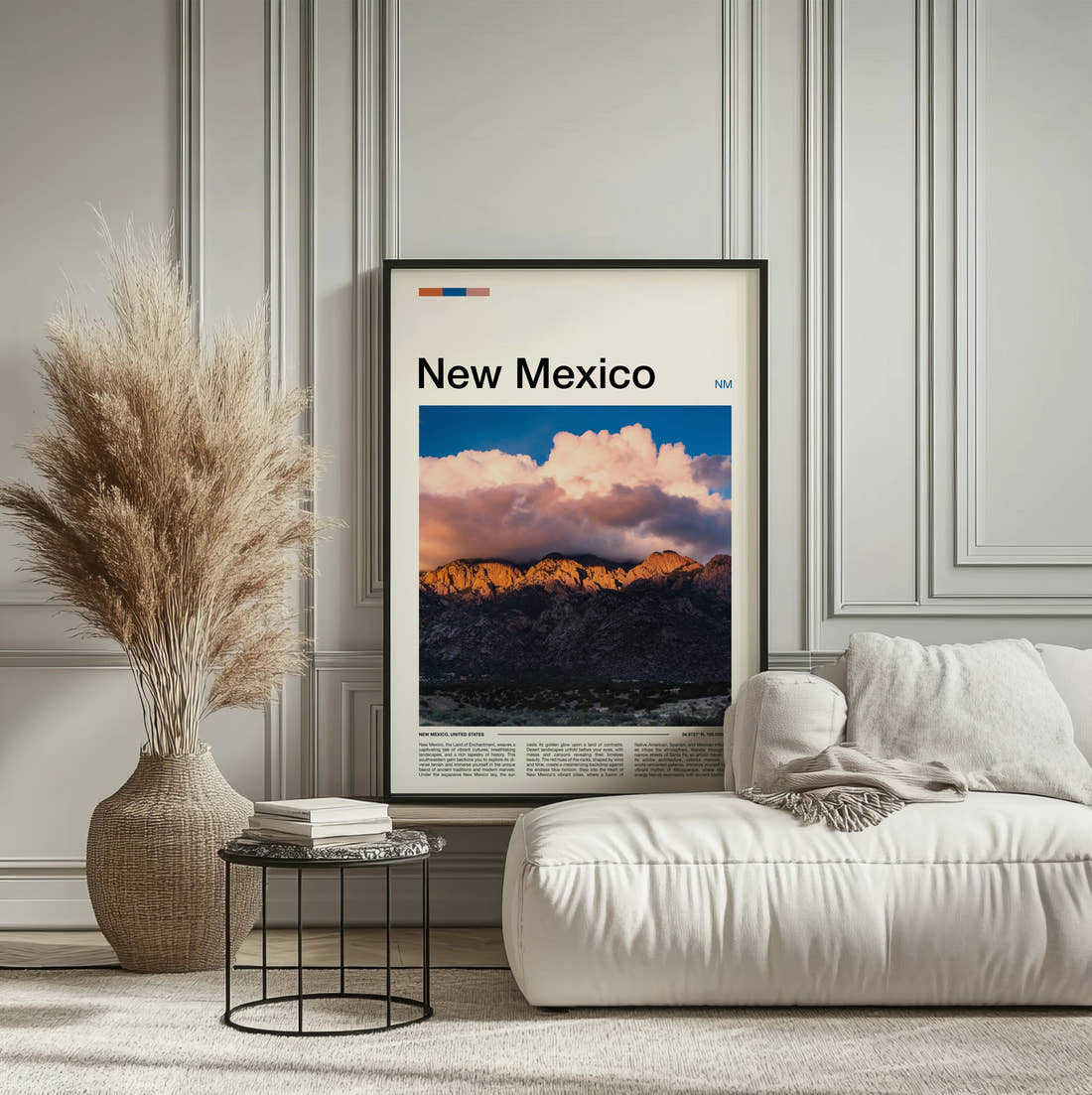 New Mexico Mountain Ridge At Dusk Travel Print framed on the wall of a calm, neutral bedroom